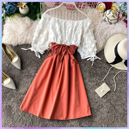 Summer Women's Dress Sexy Off Shoulder Patchwork Party Flower Chiffon Waist Lace Up Beach Short Dresses