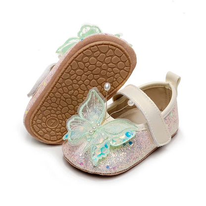 Shiny 3D Butterfly Princess Dress Shoes for Baby Girl Glitters Flats Non-Slip Crib Shoes Walking Shoes for Toddlers Infants