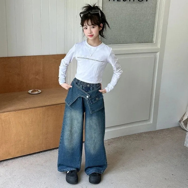 Autumn Trendy Korean Style Flared Jeans for Girls - Medium & Large Kids, Ruffled Long Pants for Junior High Students