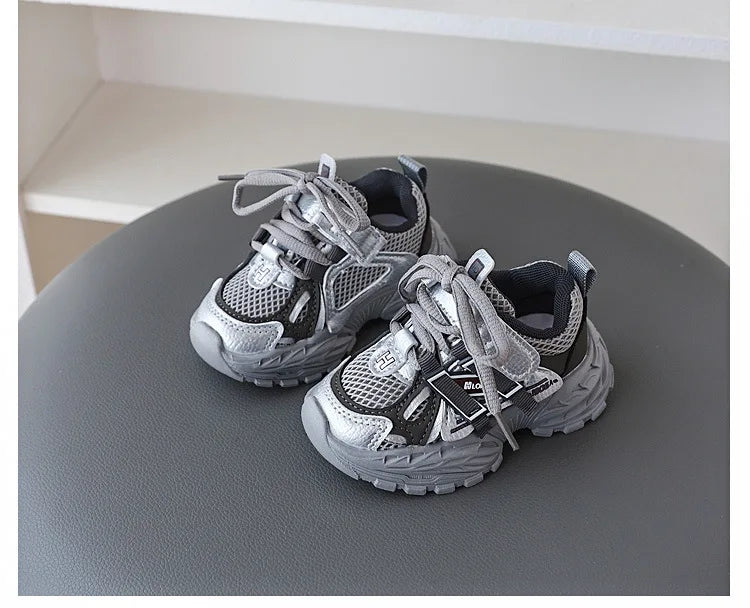Children Sport Shoes Spring Autumn Kids Sneakers Soft Breathable Mesh Shoes Boys Girls Lace-up Running Shoes Gray, Black