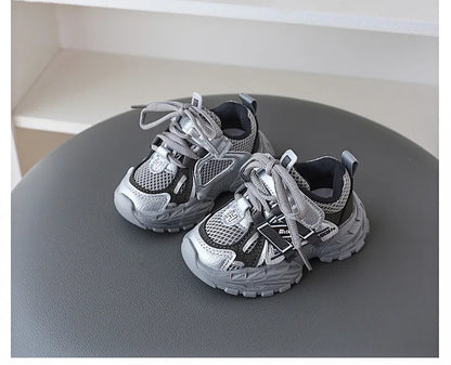 Children Sport Shoes Spring Autumn Kids Sneakers Soft Breathable Mesh Shoes Boys Girls Lace-up Running Shoes Gray, Black