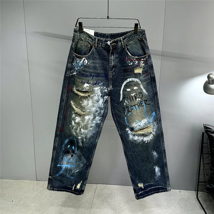 High End Men'S Clothing Hip Hop Graffiti Baggy Jeans For Men Streetwear Skateboard Ripped Jeans Korean Trendy Denim Trousers  ( Available )