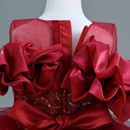 New Girl's Wedding Evening Dress Petal Sequin Mesh Sleeveless Dress Birthday Party School Graduation Party Dress