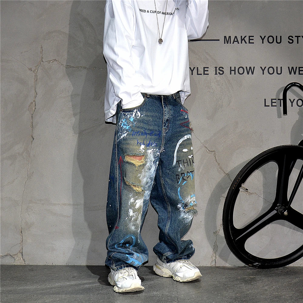 High End Men'S Clothing Hip Hop Graffiti Baggy Jeans For Men Streetwear Skateboard Ripped Jeans Korean Trendy Denim Trousers  ( Available )