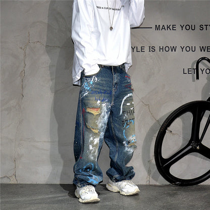 High End Men'S Clothing Hip Hop Graffiti Baggy Jeans For Men Streetwear Skateboard Ripped Jeans Korean Trendy Denim Trousers  ( Available )
