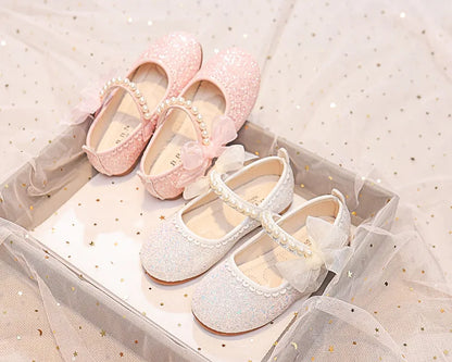 Girls Oxfords Bling Shoes Spring Autumn Kids School Dancing Shoes Pearl Beadings Big Girls Soft PU Leather Shoes Pink, Beige