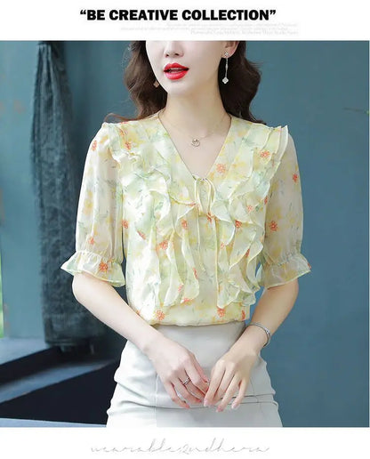 Fashion Printed Spliced Lace Up Bow Ruffles Floral Blouse Women's Clothing Summer New Casual Pullovers Loose Sweet Shirt