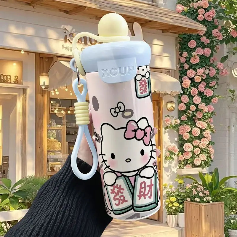 600ml Sanrio Hello Kitty Vacuum Thermos Cup SS316 Insulated Coffee Mug with Lifting Rope Portable Outdoor Drinking Water Kettle