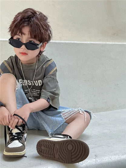 Pure Cotton Children's Short Sleeved Simple Trendy Letters Faded and Worn Half Sleeved T-shirts Boys Girls Stylish