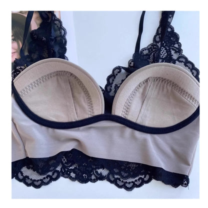 French Lace Lingerie Gathered No Steel Ring Bra Deep V Neck Sexy Wire Free Bras Underwear Tank Tops Padded Camisole Vest
