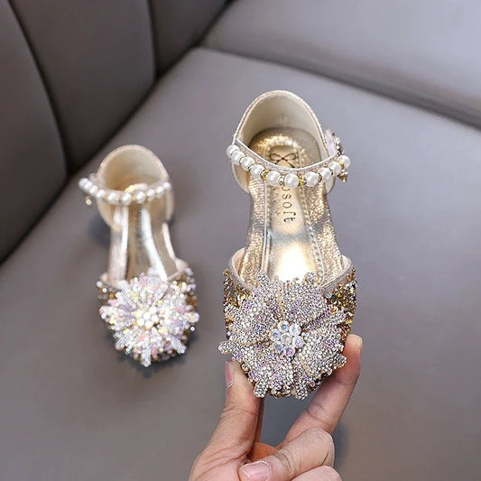 Kids Rhinestones Bow Sandals Cute Girls Party Sandals Children's Princess Shoes Fashion Soft Sole Flat Beach Sandals