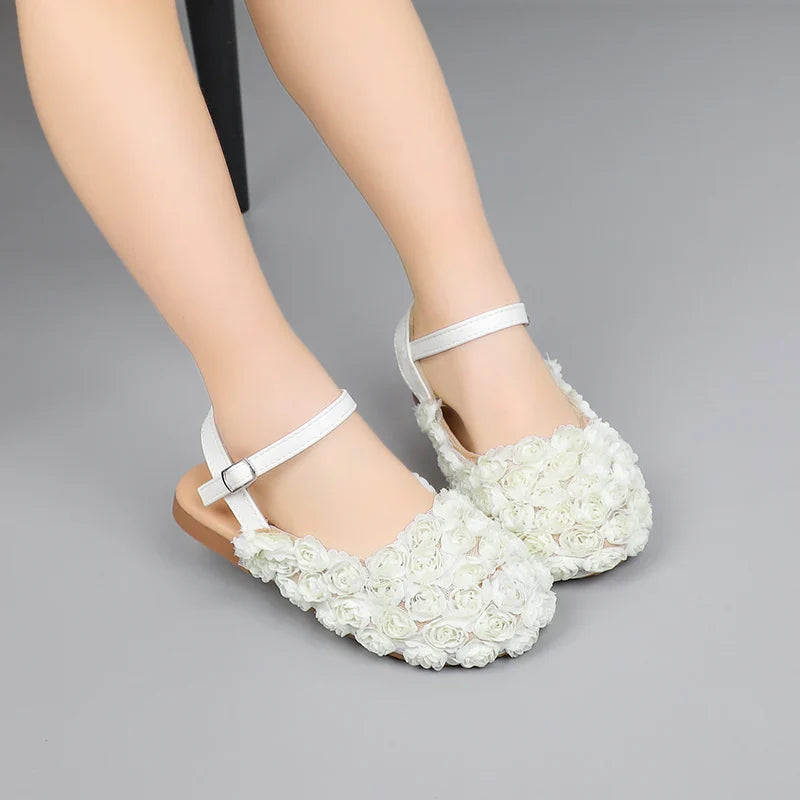 Girls Half Sandals Kids Princess Flowers Dress Shoes Fashion Simple Summer Children Flat Mary Janes Shoes for Party Wedding