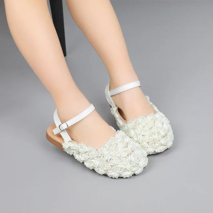 Girls Half Sandals Kids Princess Flowers Dress Shoes Fashion Simple Summer Children Flat Mary Janes Shoes for Party Wedding