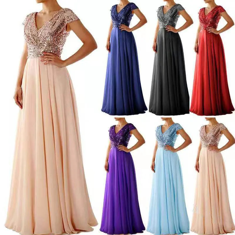 Women Formal Evening Dress Sexy Sequined V Neck Floor-length Dresses for Party Gatherings Banquets Proms Weddings Formal Events