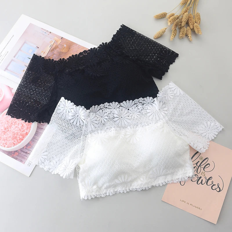 Wommen Sexy Lace Off Shoulder Crop Tops With Bra Short Sleeve Harajuku Bare Shoulder Crochet Top Female Cotton T-Shirt Lace