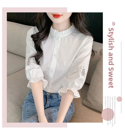 Ele Embroidered ort Sve irt Women's Summer New Design Korean Sle Commute Lantern Sve White irt for Ladies