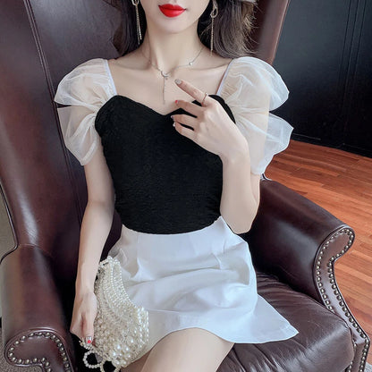 Summer Mesh Spliced Women Puff Sleeve Square Neck T Shirts Lady French Fashion Elegant Sweet Slim Fit Clothing Tops Black White