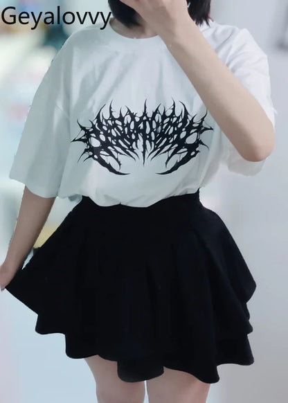Japanese Mine Dark Goth Punk Summer Short-sleeved T-shirt Sweet Girl Couple T Shirt Versatile Print Simple Mid-length Tops