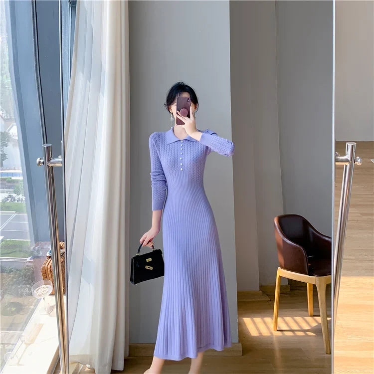 Sweater Dress Women New  Autumn Winter Purple White Or Black High Waist A Line Dress Elegant Long Knitted Dress (Available)