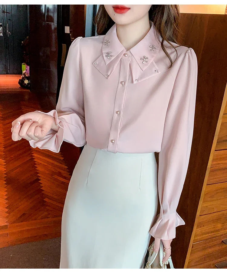 Elegant Long Sleeve Chiffon Shirts Women Autumn Winter Fashion White Blusa Feminina Korean Style Office Ladies Tops Blouses
