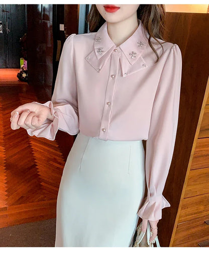 Elegant Long Sleeve Chiffon Shirts Women Autumn Winter Fashion White Blusa Feminina Korean Style Office Ladies Tops Blouses