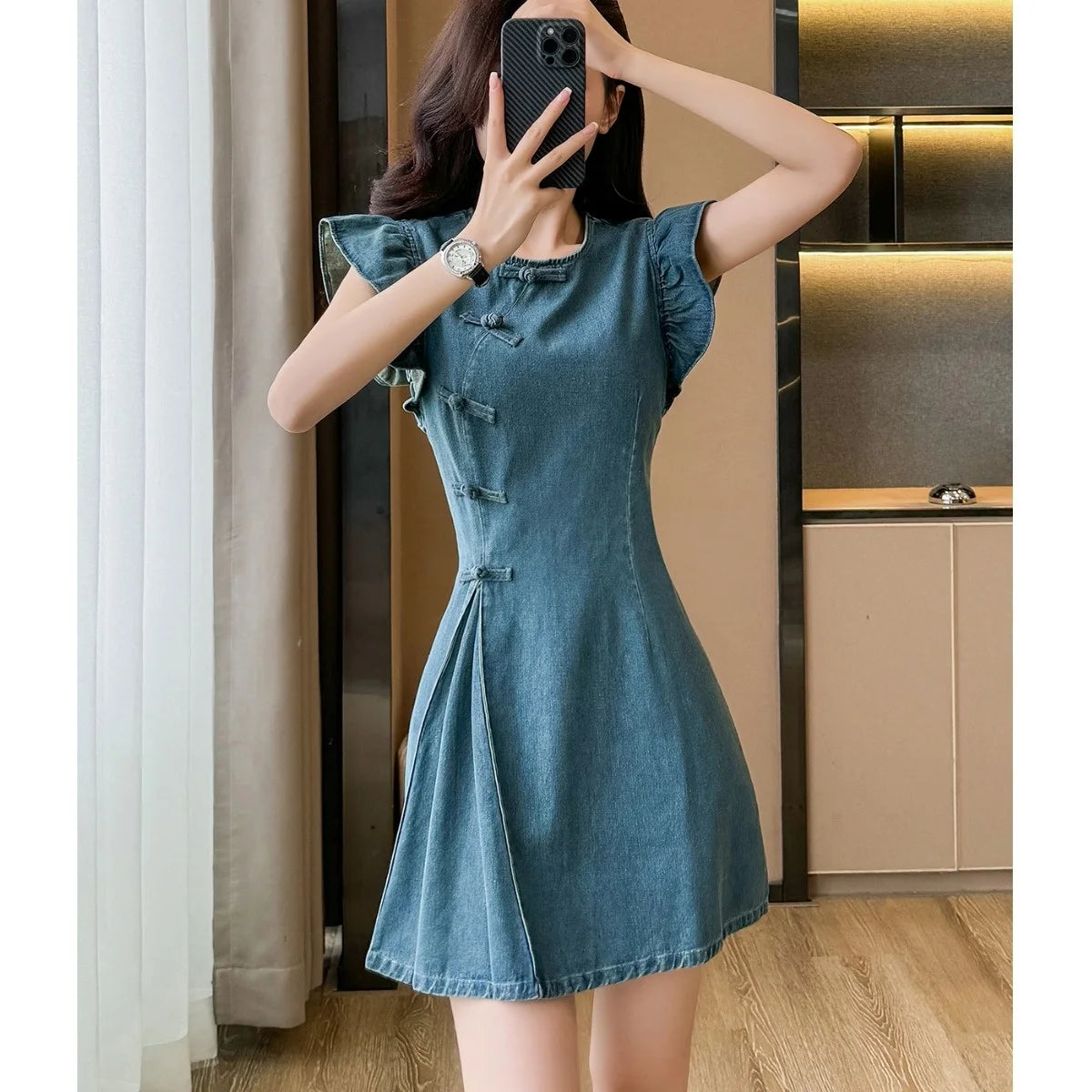 Women's ort Denim Dr A-Line Waist Cinching round Ne Button Sle High Waist Slimming Spring Summer Cotton Blend