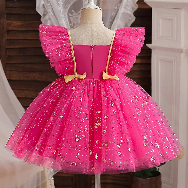 Child's Party Dress Children's Summer Princess Bow Star Sequin Gauze Skirt Girls Skirt Sweet Dress Fashion Kid's Dress Puffy