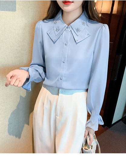 Elegant Long Sleeve Chiffon Shirts Women Autumn Winter Fashion White Blusa Feminina Korean Style Office Ladies Tops Blouses