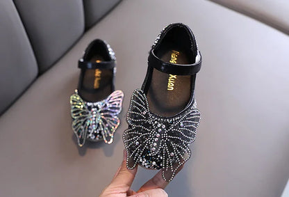 Girls Leather Shoes Children's Lace Butterfly Rhinestone Pearls Beading Performance Single Shoes Fashion Weeding Kids Shoes