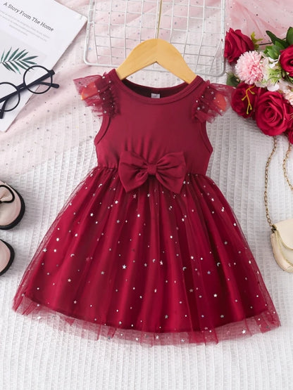 Girls' Burgundy Star Dress: Ruffle Sleeve Bow Tulle Party Outfit