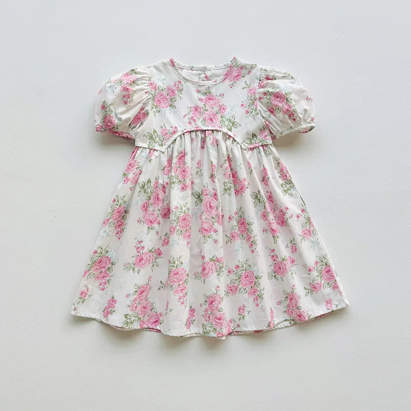 Summer Kids Girls Dresses Short Sleeve A Line Girls Dresses Floral Print Pleated Dress For Girl