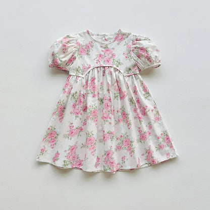 Summer Kids Girls Dresses Short Sleeve A Line Girls Dresses Floral Print Pleated Dress For Girl