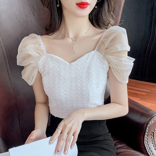 Summer Mesh Spliced Women Puff Sleeve Square Neck T Shirts Lady French Fashion Elegant Sweet Slim Fit Clothing Tops Black White