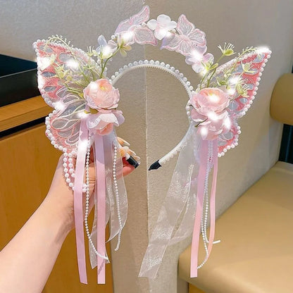 Fresh Sweet Butterfly Flowers Hairband Pearl Beads Silk Ribbon Floral Headwear Fairy Hair Jewelry Decorative Headwear Women Wear