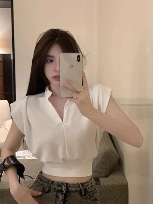 White V-Ne Slim Fit ort Sve T-irt Women's Summer New Sle Small Size Loose Faion Top Korean Sle Commute Wind