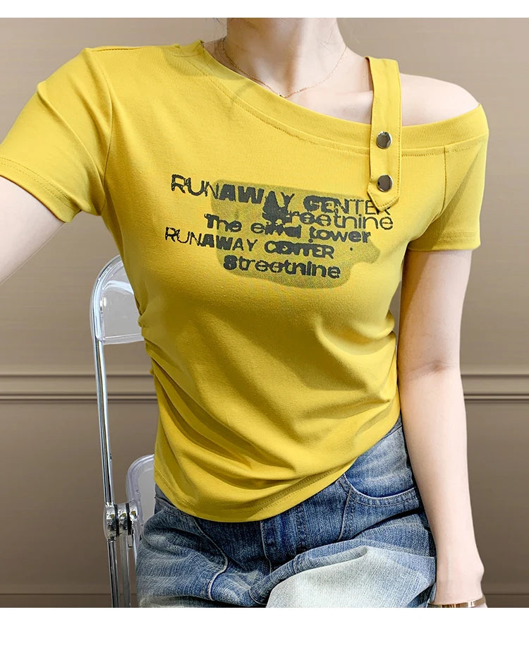 Sexy oulder Bared T irt Women's ort Sve Asymmetrical Collar Faionable Slimming Top Korean Sle Cotton Blend Summe...