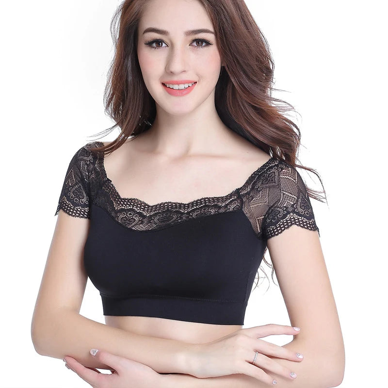 Women Lace Square Neck Short Sleeve Summer Soft Tank Top With Chest Pad Crop Top Femme Tank Fashion Party Tight Fitting Clothing