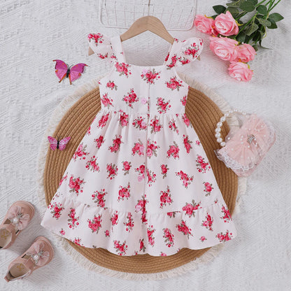 Girls' spring and summer new style sweet floral dress with flying sleeves