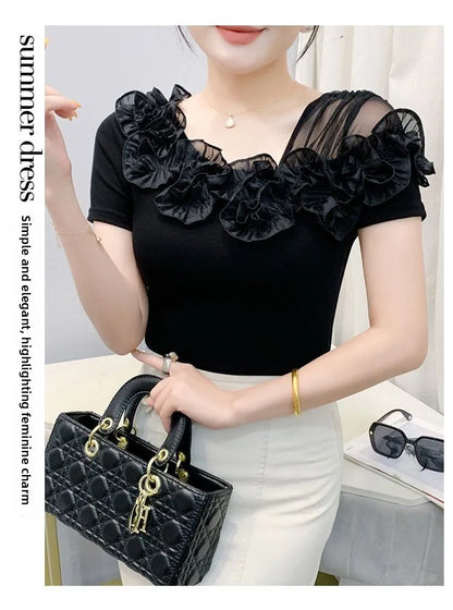 Faionable Floral Lace Ear ort Sve Slimming Me oulder Bared T-Shirt Women's Casual Sle Polyester Fabric Tee irt