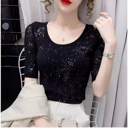 Summer Lady Mesh Tops Round Neck Short sleeved Bright Silk Tees Korean Fashion Black T shirt Women