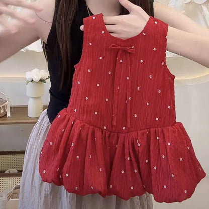 Girls Summer Dresses New Fashionable Casual Daily Sleeveless Floral Print Lightweight Red Bud Dress with Hair Band