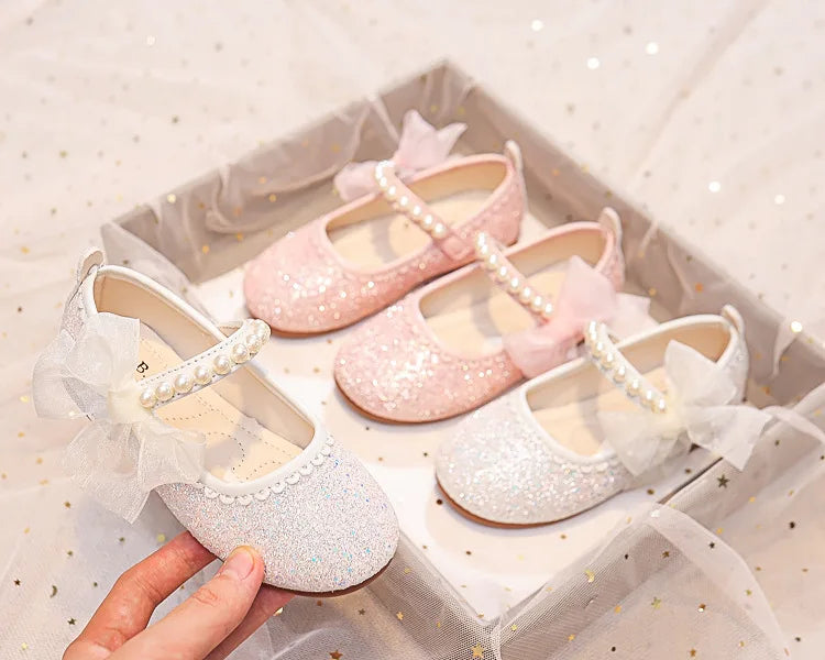 Fashion Girls Mary Janes for Party Wedding Shows Bow Pearls Elegant Princess Shoes Chic Kids Shoes Non-slip Children Fashion