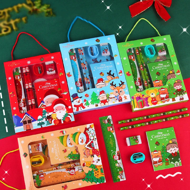 6Pcs/Set Christmas Series Stationery Including 2 Pencils 1 Erasers 1 Pencil Sharpeners 1 Sticky Notes 1 Rulers School Supplies