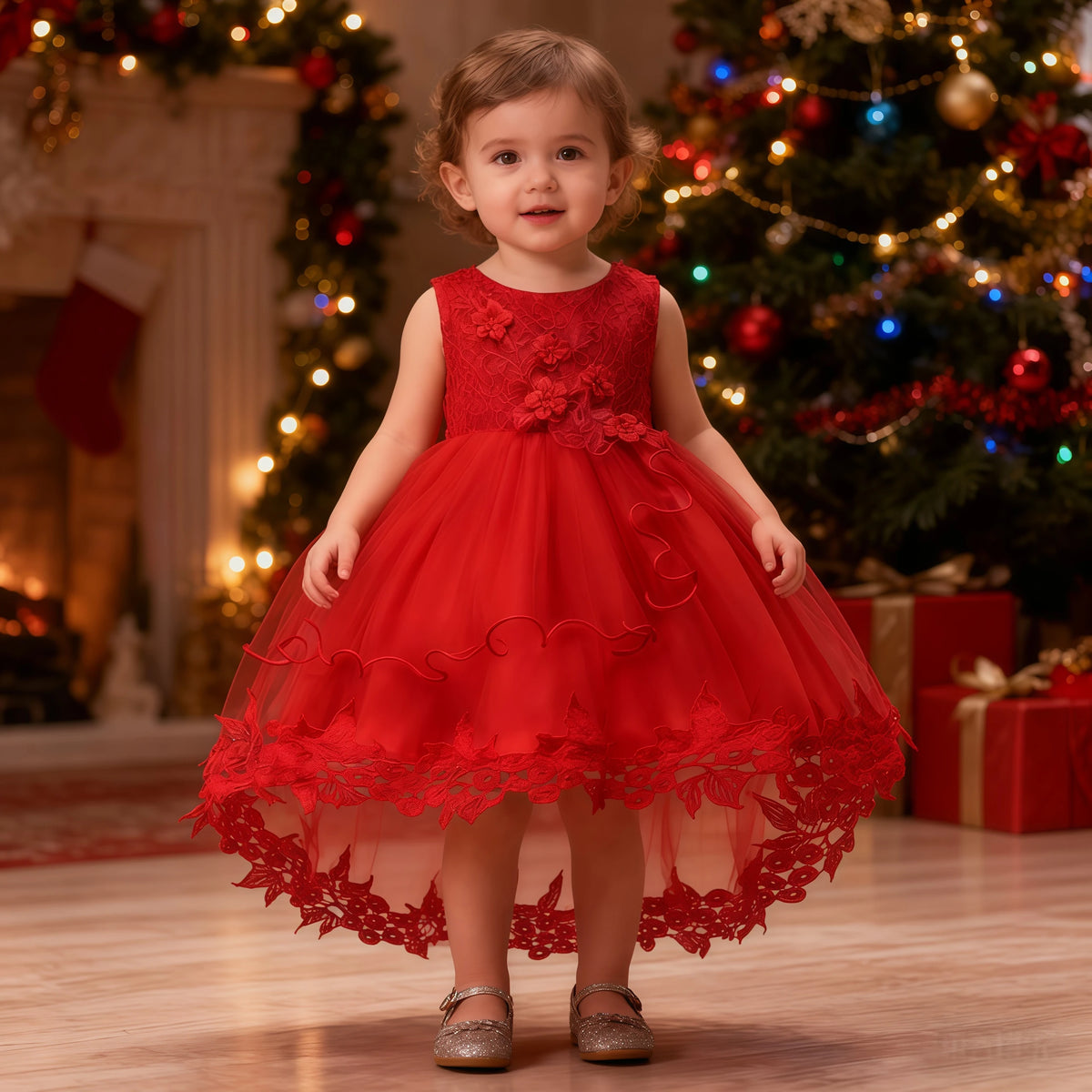 Toddler Girls Party Dress Infant Baby Christmas New Year Red Lace Flower Beaded Princess Dress For Newborns Wedding Baptism Gown