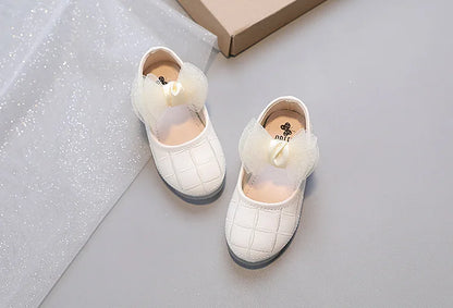 Korean Style Kids Solid Color Embroidered Leather Shoes Girls Big Bow Mesh Flower Princess Flat Dance Shoes
