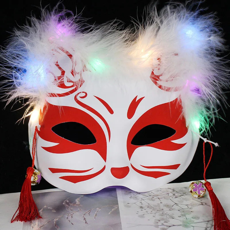 Luminous Feather Fox Mask Half Face Cat Anime Fox Mask Children Luminous Mask Eye Mask Makeup Party Role Play Props