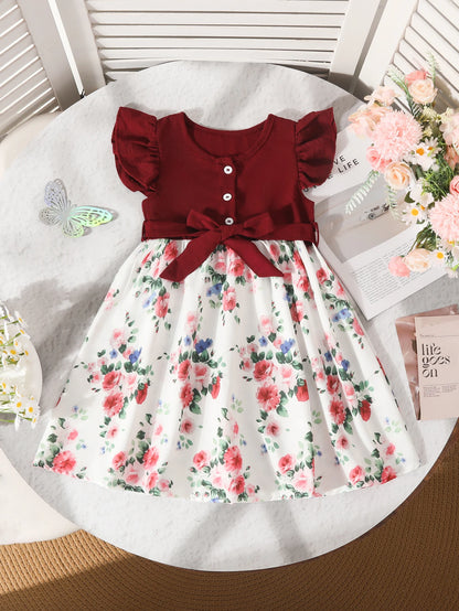 Girls' New Summer Collection: Flutter Sleeve Dress Floral Print Princess Dress with Belt Casual Dress for Girls