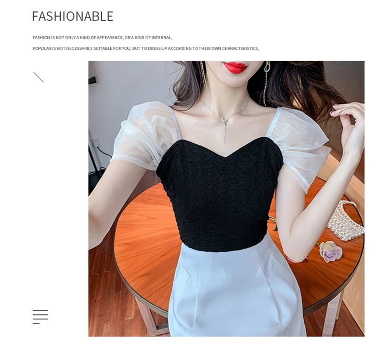 Summer Mesh Spliced Women Puff Sleeve Square Neck T Shirts Lady French Fashion Elegant Sweet Slim Fit Clothing Tops Black White