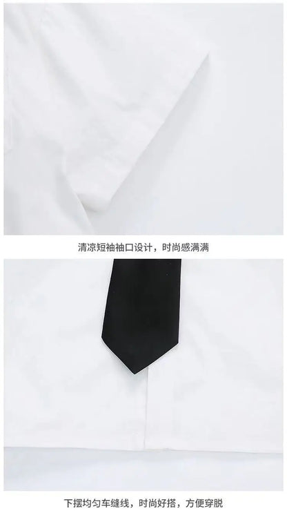 Teens Boys Summer Set Children's Wear Thin 2025 New Handsome British Style Boy White Cotton Short Sleeved Shirt+Black Shorts+Tie