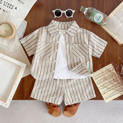 Set Children Unisex Summer New Style Cotton Stripe Pocket Shirt Polo Collar Shourts Fashion Casual Brief Versatile Korean